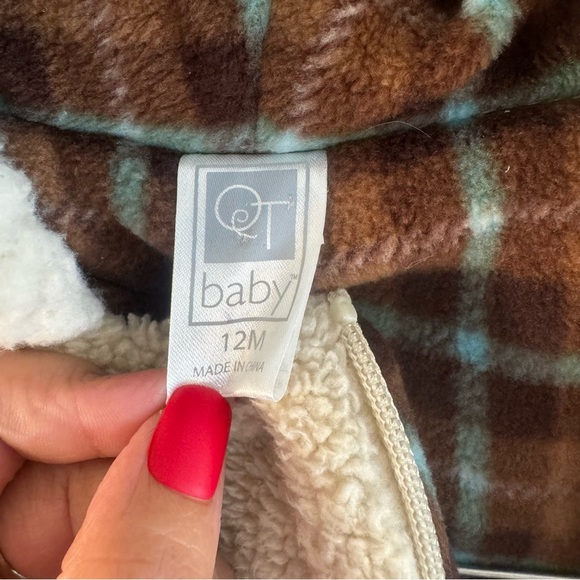 QT Baby Faux Fur Puffer One Piece Footie Full Zipper Hooded Bear Ears Beige 12m - Picture 11 of 12